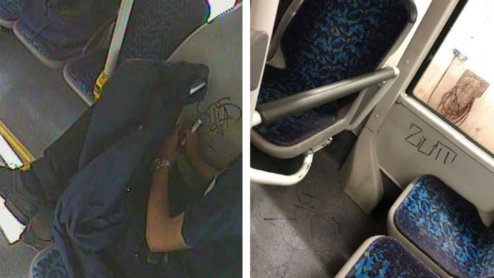 De två ungdomarna filmades av en övervakningskamera när de klottrade på en buss. 