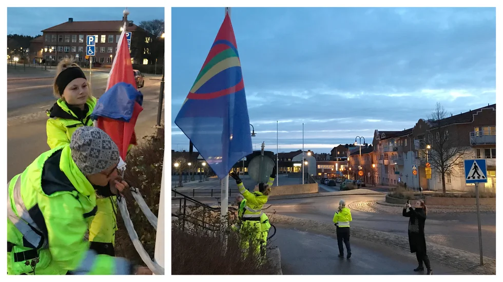 Vid 07.15-tiden på torsdagsmorgonen hissade Anna Jägskog, Mika Bergström och Rose-Marie Byström samernas flagga utanför kommunhuset. Det är den första av flera flaggningar för nationella minoriteter.