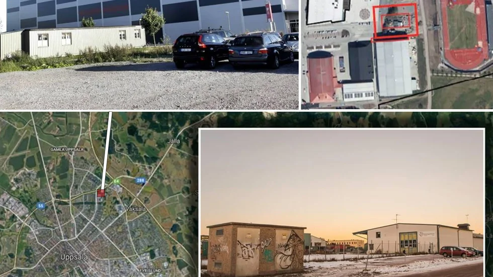 Karta över arenaalternativen. Högst upp till vänster: Den planerade platsen för den nya issportarenan, mellan Relitahallen och IFU Arena. Högst upp till höger: Flygbild över Gränby sportfält (med isarena-platsen markerad). Nere till höger: Kölen, där arenan först var planerad att byggas.