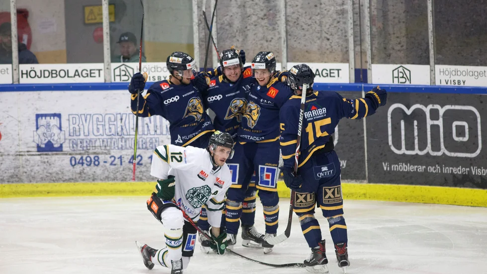 Mikael Hedlund (tvåa från höger) och kompani i Visby Roma jublar efter 2-1-målet. Till slut blev det 5-3 mot Enköping.