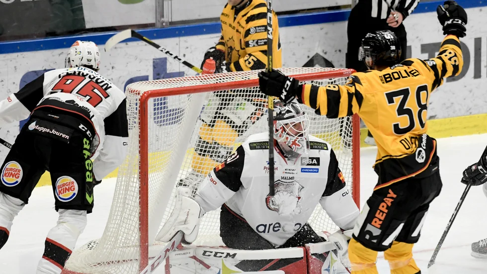 Skellefteå AIK:s Oscar Möller och Jacob Olofsson jublar efter den förstnämndes mål under lördagens SHL-möte mellan Skellefteå AIK och Malmö Redhawks.