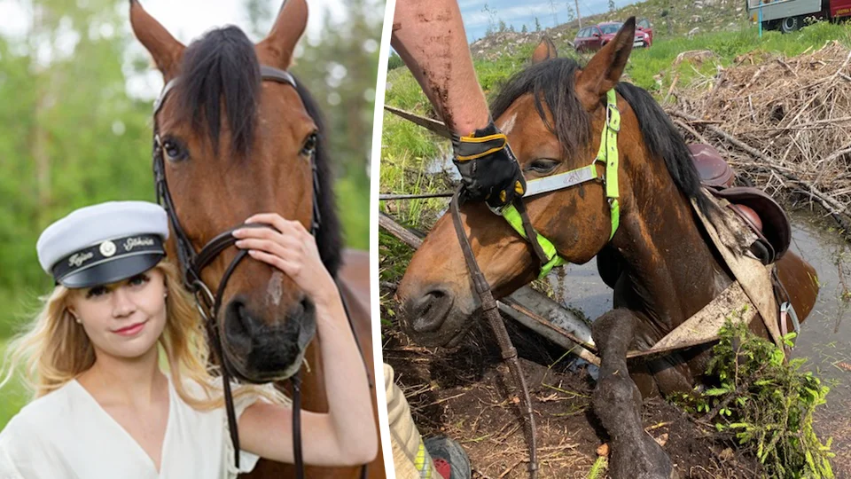 Kajsa Sjökvist tillsammans med familjens häst Tango, som olyckligtvis fastnade i ett dike under ridturen.