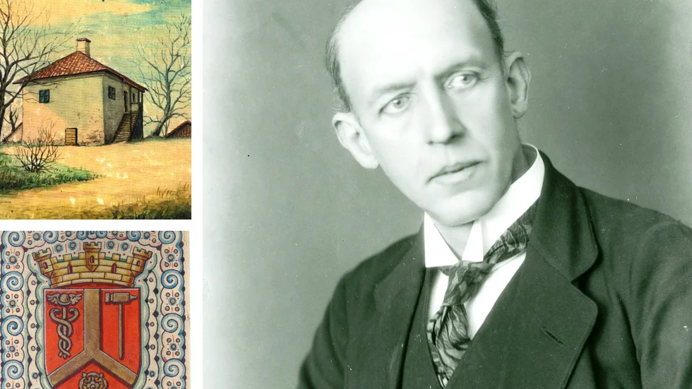 Målning med motiv från Julita gård (1913), och Katrineholms stadsvapen är båda signerade konstnären Carl Rickard Forsslund (1872-1928).