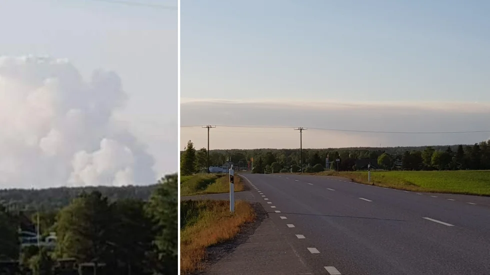 Röken från branden syns lång väg. De här bilderna är tagna i Heby med 45 minuters mellanrum.
