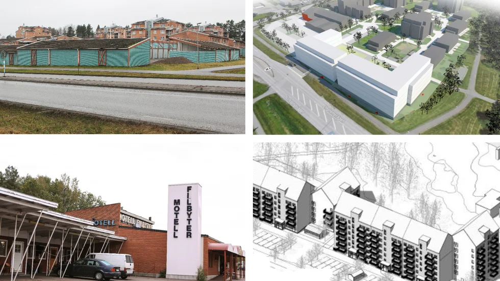 De två övre bilderna visar Willhems planer på att ersätta garagelängorna med bostadshus vid Tallboda centrum. De nedre bilderna illustrerar JM:s projekt vid motell Filbyter.