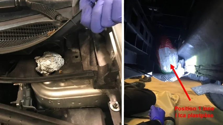 Två män från Boden stoppades i en hyrbil där de gömt ett kilo amfetamin i bilens stötfångare. 