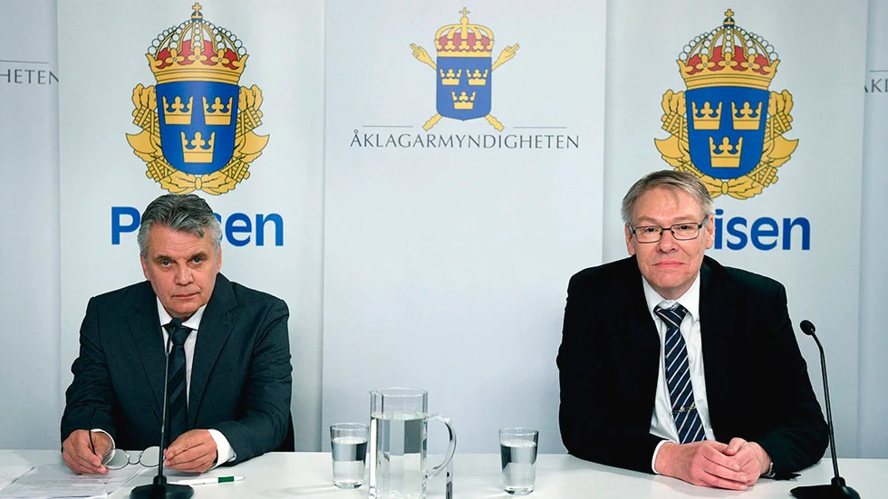 Spaningsledare Hans Melander och chefsåklagare Krister Petersson under gårdagens pressträff om Palmeutredningen.