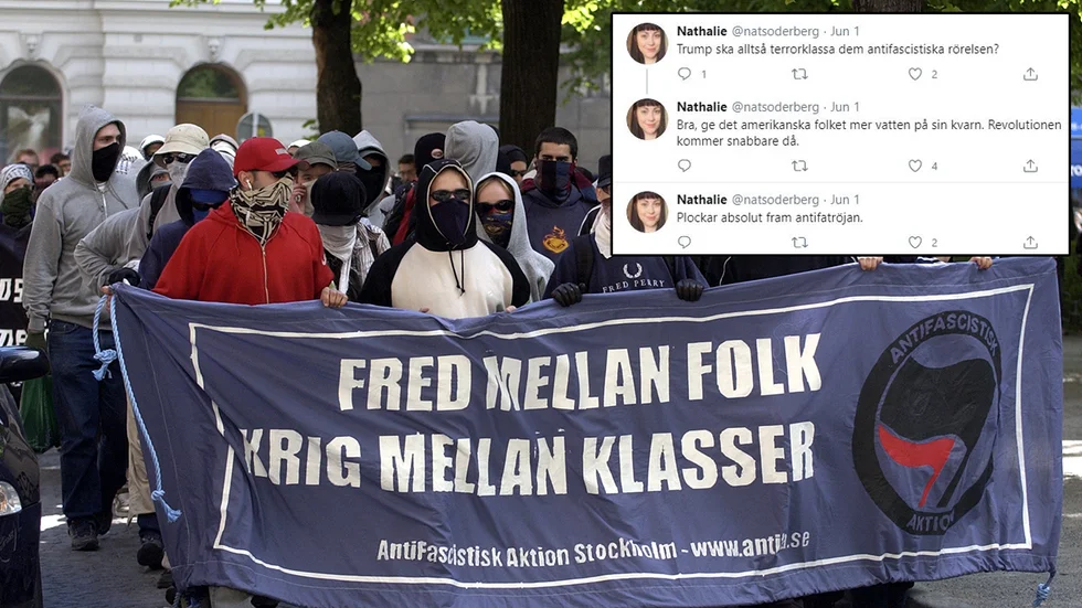Vänsterns Nathalie Söderberg uttrycker stöd för det vänsterextrema nätverket Antifa. På bilden Den svenska gruppen Antifascistisk aktion (AFA) i samband med en demonstration i Stockholm.