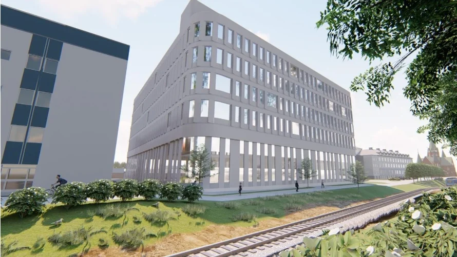 En volymstudie av hur stor byggnaden skulle bli jämfört med grannbyggnaderna.