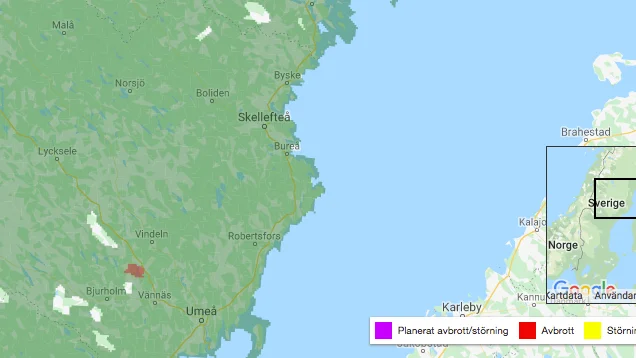 På Telias driftskarta över den fasta telefonin syns inga störningar i området på onsdagsmorgonen. Skärmdump: Telia.se. 