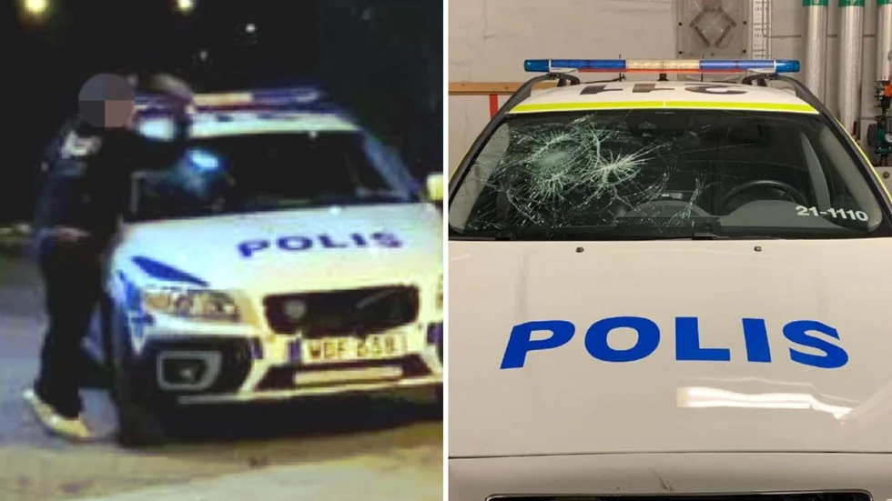 En mobilfilm fångade 18-åringen när han slog sönder polisbilens vindruta. Till höger fordonet i polisens garage. 