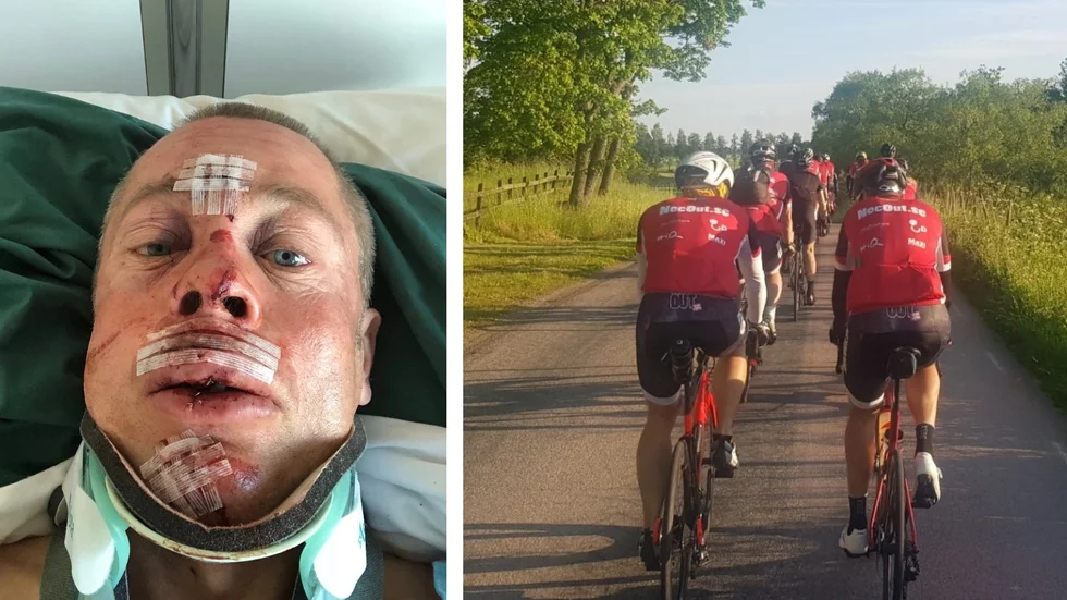 Tidigt på morgonen sprang grävlingen in i klungan av cyklister. Daniel Bjurhamn var en av de som fick föras till sjukhus med ambulans. 