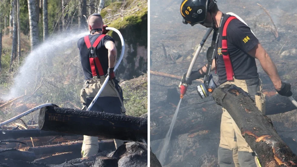 Räddningstjänsten bekämpar en skogsbrand utanför Storvreta.