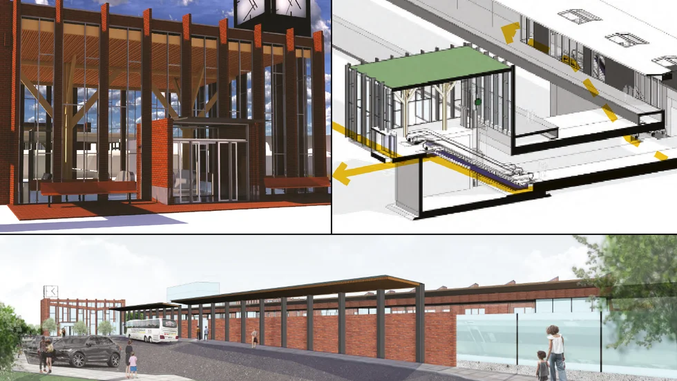 Illustrationerna visar en av entrébyggnaderna samt en av passagerna under järnvägsspåren. I botten syns förslag på bullerskydd vid resecentrums norra del.