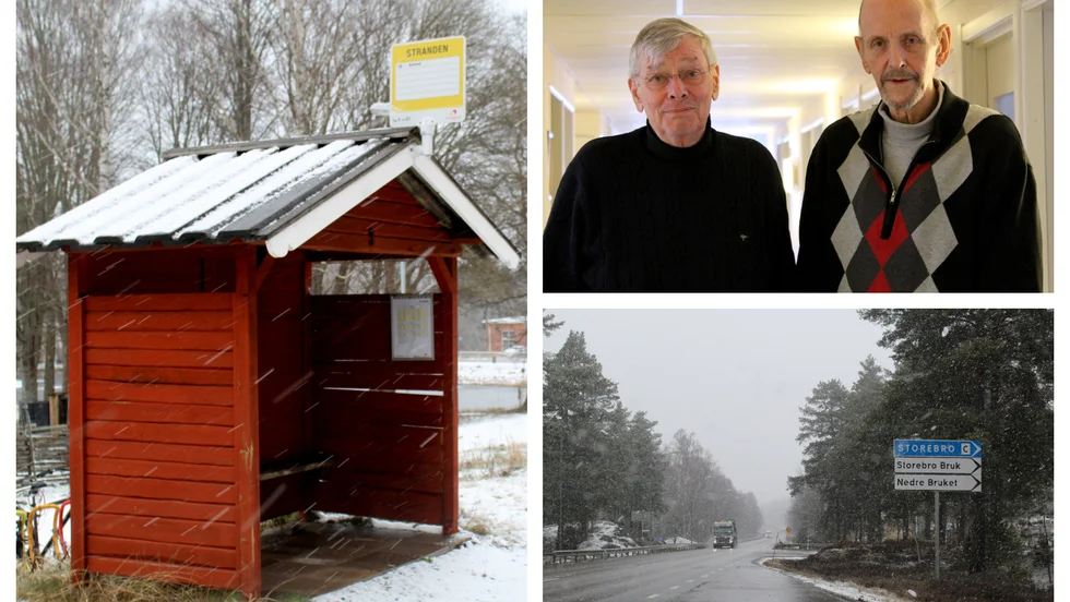 Bild till vänster: I december kommer busshållplatserna inne i samhället endast trafikeras av skolbussar. Inge Hyckenberg, t v, företagare på orten, och Inge Teodorsson hoppas att beslutet om den nya busshållplatsen vid riksvägen ska flyttas fram. 