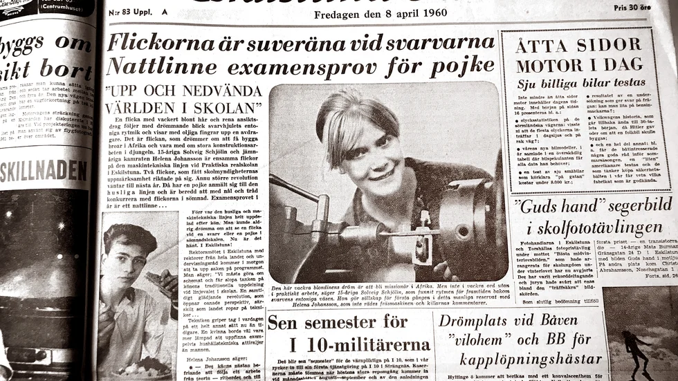 15-åriga Solveig Schjölin och Helena Johansson uppmärksammades då de valt maskinteknisk linje. "Flickor är suveräna vid svarvarna, nattlinne examensprov för pojke" löd rubriken i Eskilstuna-Kuriren 8 april 1960.