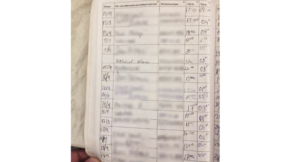 Minst tolv namn går att utläsa i liggaren där personalen antecknade sin arbetstider, vilket framgår av bilderna som Norran har tagit del av. Ägaren vidhåller att han inte har anställt någon.