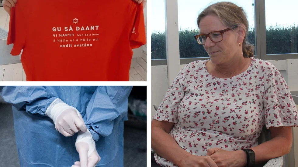 Undersköterskan Camilla Forsén och kollegorna ville ha risktillägg, men fick i stället en t-shirt med trycket "Gu så daant vi har'et. Men dä ä bare å hålle ut å hålle ett oedit avstånn".