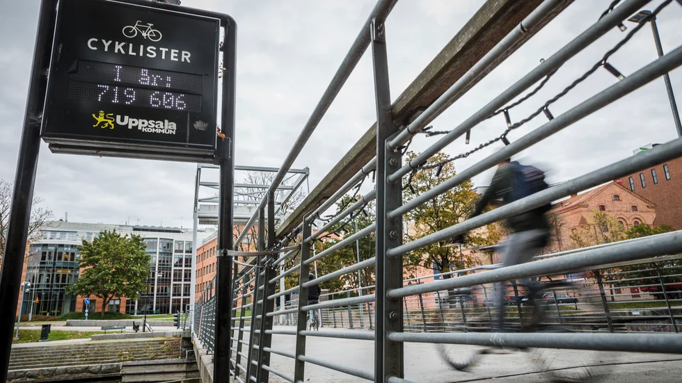 På flera platser i Uppsala mäter kommunen hur många cyklister som passerar. Bilden är från Hamnspången, den cykelbro som går över Fyrisån vid Stadsträdgården.