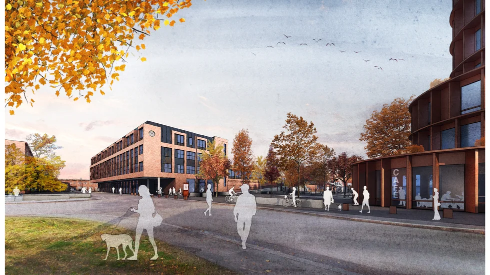 Skiss på den nya skolan som ska byggas ovanpå Munktellgaraget. Byggstarten är planerad till hösten. Två år därefter är det tänkt att elever kan börja på skolan.