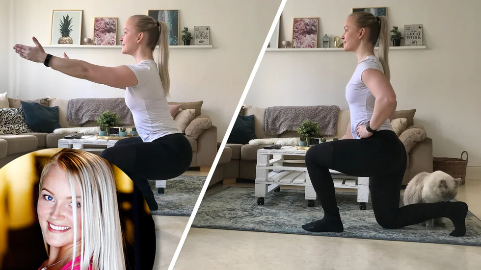 1) Knäböj. Från en upprätt position böjer du knäna till att du åter reser dig. 2) Utfall. Ta ett långt kliv bakåt med ena benet. När den bakre foten träffar golvet, sänker du ner det bakre knäet så det nästan nuddar golvet. Tryck därefter ifrån med det bakre benet och återgå till utgångspositionen.