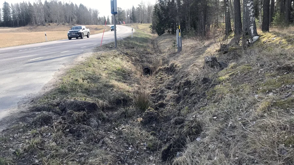 I diket vid Sjögölet syntes spår efter kollisionen, där en mc-åkare avled. 