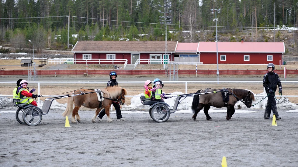 Med hjälp av travskoleledarna Sara Öqvist och Hugo Lundgren så tränade Knattegruppen på att stanna, styra och köra runt konbanan. Travskolans stall i bakgrunden.
