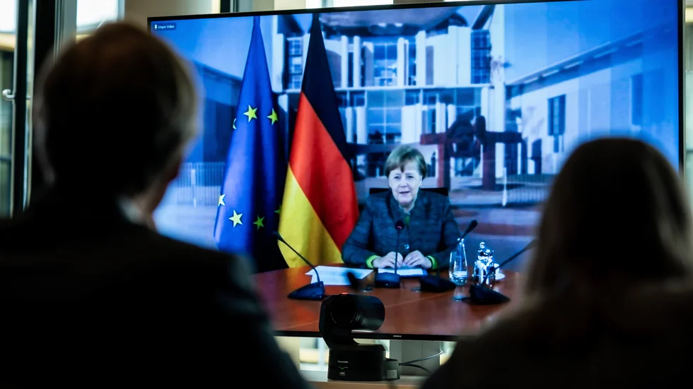 Tysklands förbundskansler Angela Merkel talar vid en videokonferens. Arkivfoto.
