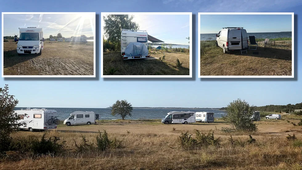Länsstyrelsens egna bilder över husbilar som står uppställda på känslig mark vid strandängar. I förslaget till ny terrängskörningslag har utredaren lyssnat på länsstyrelsens önskemål om skärpta krav.