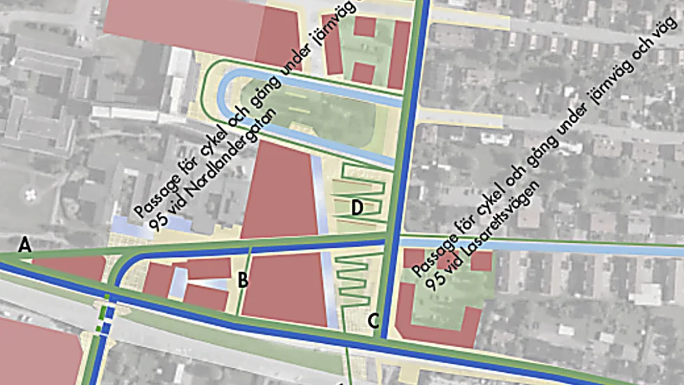 Kartan visar trafiklösningarna vid Norrbotniabanan nedanför lasarettet. Grön färg är cykel- och gångtrafik, blå är bil- och kollektivtrafik.