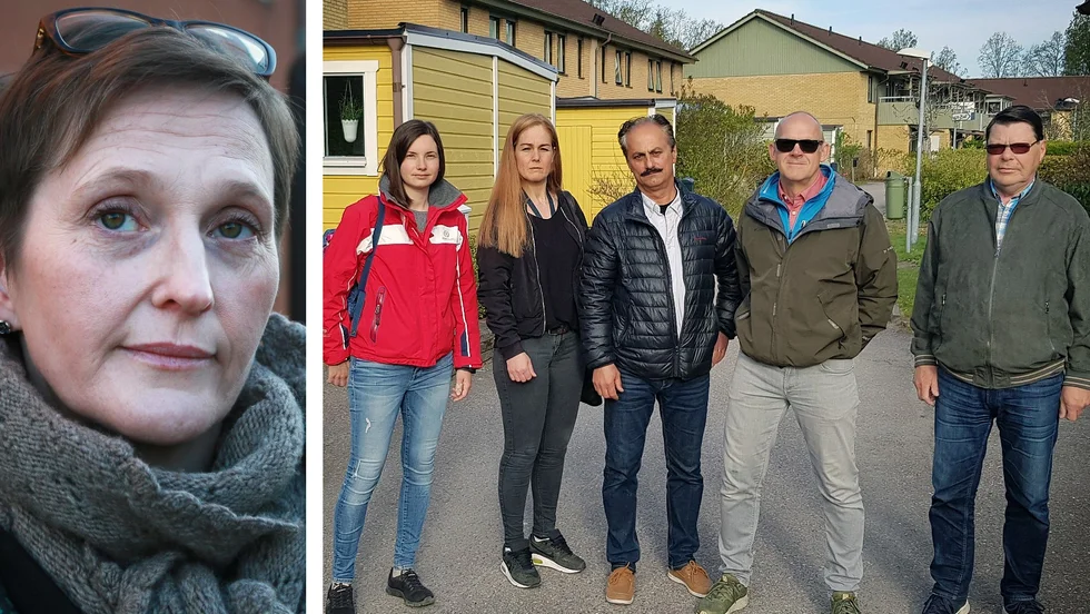 Mari Hultgren (vänstra bilden) vill att Vintunnan ska få köpa marken av kommunen. Från vänster Cecilia Leander Afzelius, Maria Brimalm, Mohammad Saiady, Nils-Erik Elf Svensson och Göran Lindell.