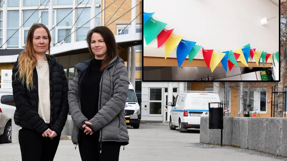 Sarah Vennström och Malin Johansson arbetar med att vårda patienter med covid-19 – och hänger upp en vimpel för varje frisk patient som får lämna deras avdelning.