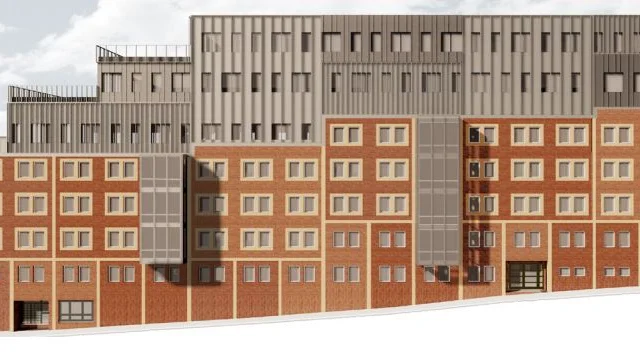Så här kan Fackföreningarnas hus se ut med påbyggnaden som föreslås i nya detaljplanen för kvarteret Ripan. Påbyggnaden är i grått och den ursprungliga tegelfasaden i rött.