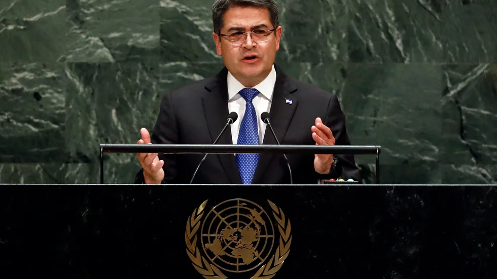 Honduras president Juan Orlando Hernández i talarstolen vid FN:s generalförsamling förra hösten.