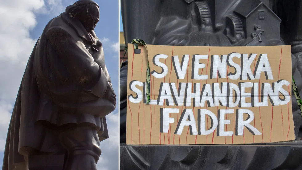 Skylten kunde ses vid Louis De Geer-statyn på Gamla Torget på tisdagsförmiddagen.