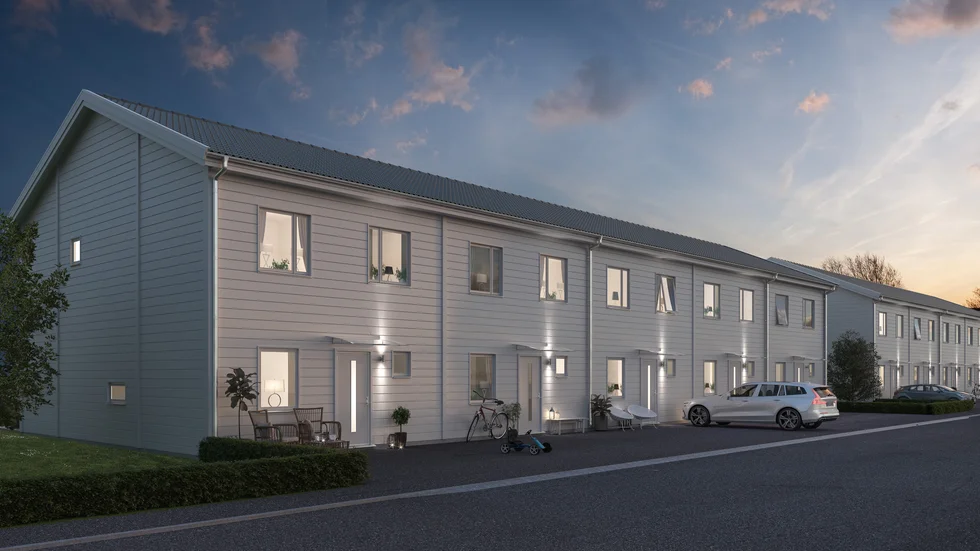 Så här är det tänkt att det ska se ut längs Sjögatan. Kommunen har sålt mark till företaget Byggtitanerna som planerar att bygga radhus här.