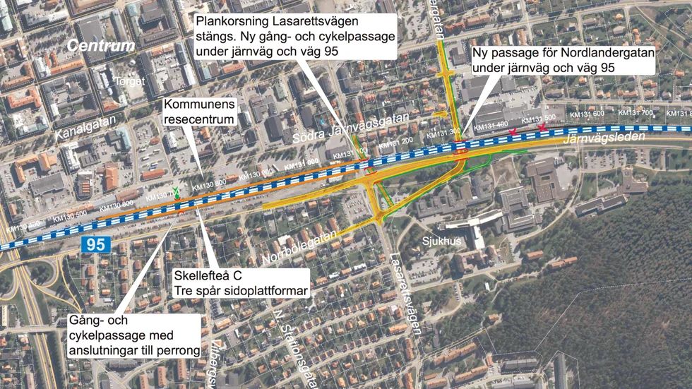 Det föreslås bli tre spår genom i princip hela centrala Skellefteå. Vägförändringar har markerats med gult.