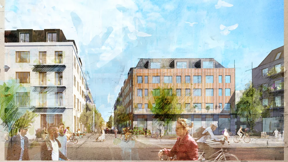 Det nya kvarteret Segerdal ligger mitt i centrala Knivsta. 
Här sett från Apoteksvägen.