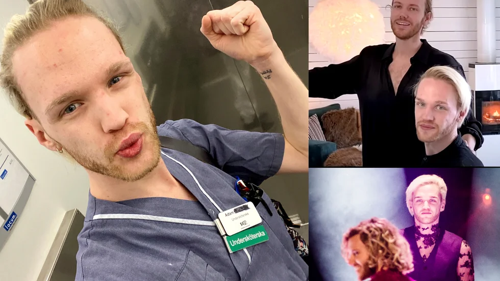Katrineholmssonen Adam Warhester har gått tillbaka till jobbet som undersköterska under coronapandemin. Men tillsammans med bandkollegan Erik Høiby i Lovers of Valdaro deltar han i låten Vi håller ut. Förra året deltog de i Melodifestivalen.