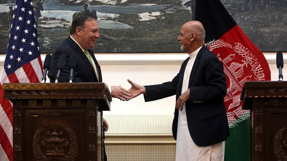 USA:s utrikesminister Mike Pompeo och president Ashraf Ghani i Kabul 2018. Arkivbild.