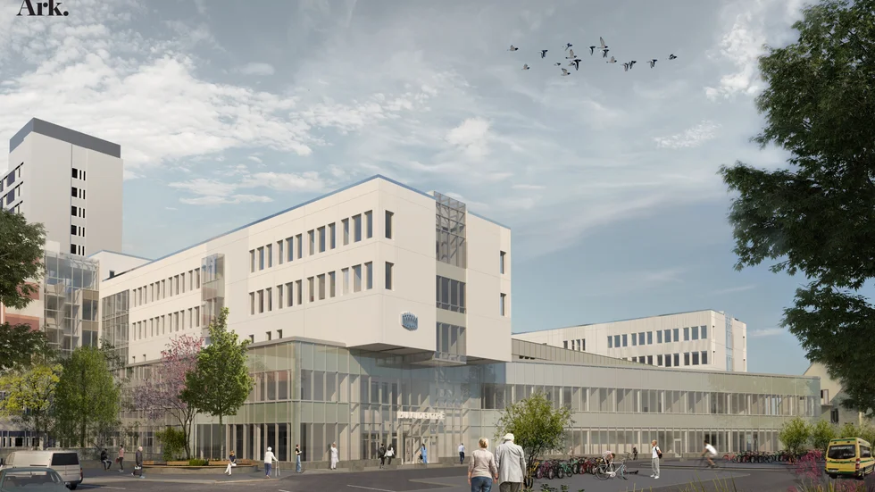 Mälarsjukhusets nya utbyggnad med nybyggd huvudentré, E62.