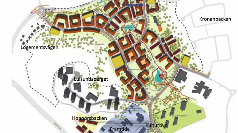Kvarteret Bindningen ligger i den första markanvisningsetappen, mot Bensbyvägen. 