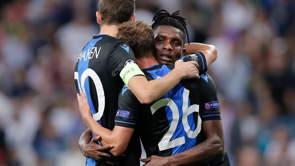 Jubel i Club Brygge under Champions League-mötet med Real Madrid i höstas. Nu kan spelarna sannolikt snart också jubla över ännu en ligatitel, om årets belgiska fotbollssäsong ställs in. Arkivfoto.