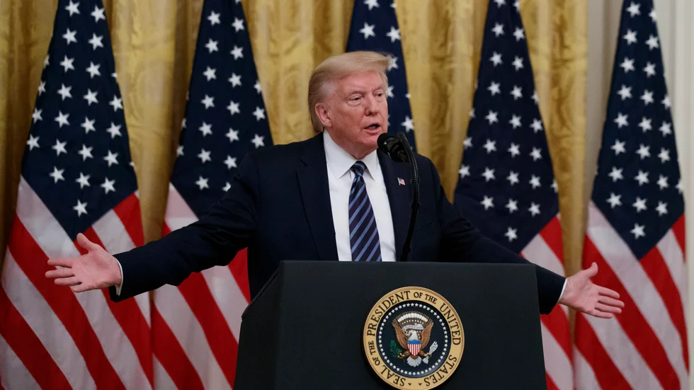 USA:s president Donald Trump under torsdagens presskonferens i Vita huset.