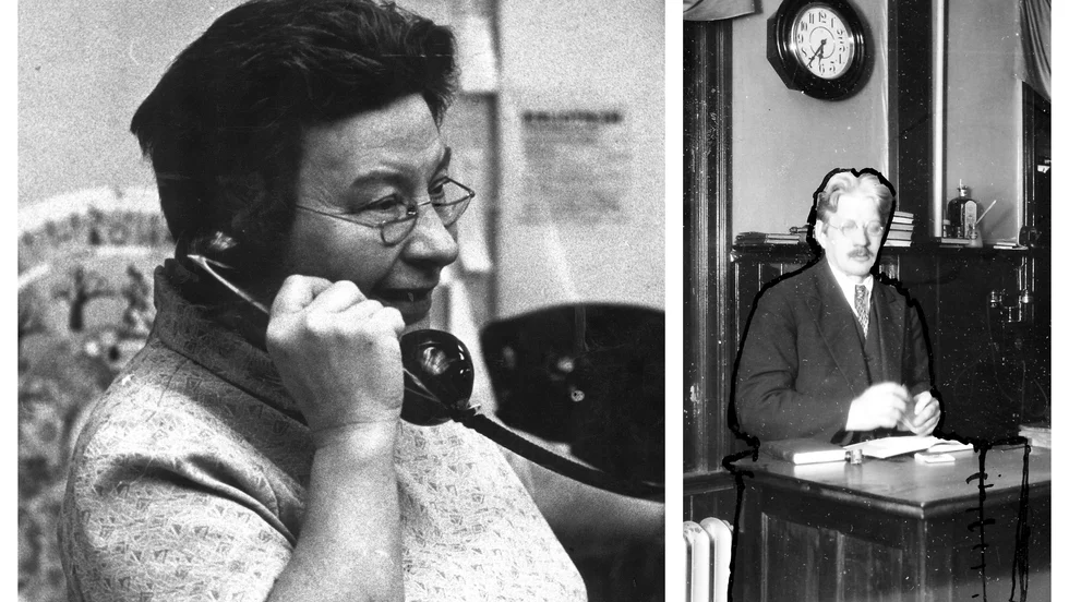 Sådan far, sådan dotter. Irma Andersson hade sin arbetsplats på stadsbiblioteket och gick i faderns fotspår även då det gällde engagemang i det ideella föreningslivet. Till vänster: Elof Andersson (1881-1956) vid biblioteksdisken.

