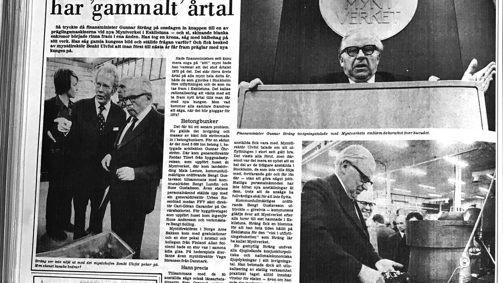 När finansminister Gunnar Sträng kom till Eskilstuna för att inviga nya Myntverket uppmärksammades händelsen med en hel sida i tidningen. Artikeln publicerades den 5 september 1974.