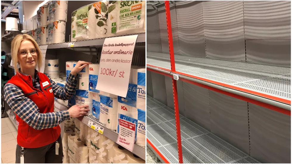 Amanda Dahlström är ansvarig för bland annat mejeri, frukt & grönt och sociala medier och visar upp den nya prislappen för toapapper. Bilden till höger är inte från samma butik.