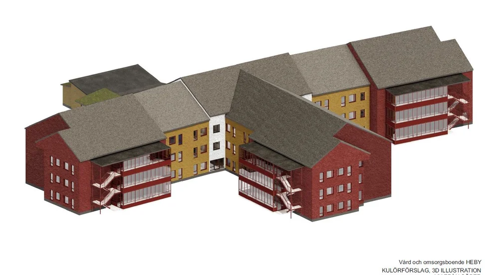 Så här ser en av skisserna för det nya äldreboendet i Heby ut. Färgsättningen är ett förslag. Den slutliga färgskalan kommer att beslutas i samband med bygglovsförfarandet.