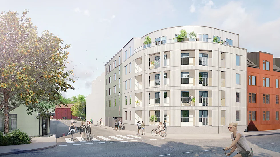 Så här kan enligt bygglovsansökan flerbostadshuset i hörnet Ågatan-Kryddgårdsgatan komma att se ut.