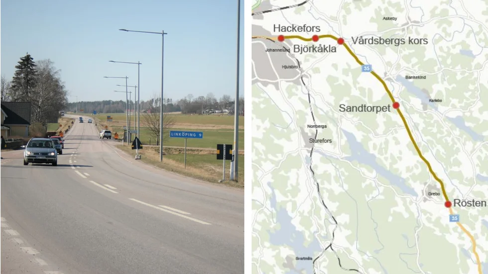 Den nybyggda sträckan Hackefors–Björkåkla är den första etappen på ombyggnaden av riksväg 35. Nästa blir fram till Sandtorpet och den tredje till Rösten.